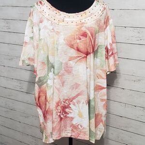Alfred Dunner 3x Peach / Green Floral Blouse Casual Work Daily Stretch Luncheons